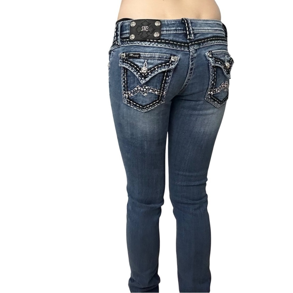 Miss Me Women's Skinny Jeans - Dark Blue with Silver Embellishments